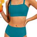 TyeSmo Girls 2 Piece Swimsuit Modest Bikini Tween Girls Swimsuits Size 10-12 Girl Bathing Suits Square Neck High Waisted Padded Full Coverage Swimwear Solid Green
