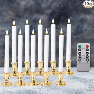 LED Flameless Window Candles with Remote Timer 10 PCS Battery Operated Flickering Taper Candle Lights with Removable Gold Candle Holders Best Gift for Xmas Wedding Home Dinner Decor