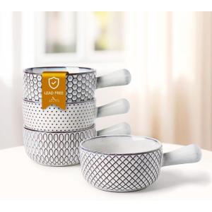 MONITO 28 Oz French Onion Soup Bowls With Handles, Stackable Ceramic Soup Crocks, Serving Bowls Set of 4, Oven/Microwave/Dishwasher Safe, for Chili, Beef Stew, Cereal, Pasta, White-blue