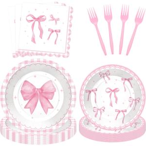 100 Pcs Pink Ribbon Bow Party Supplies Set - Serves 25, Watercolor Disposable Tableware, Includes Paper Plates, Napkins, Forks for Wedding, Bachelorette, Birthday, Girls Coquette-Style Themed Favors