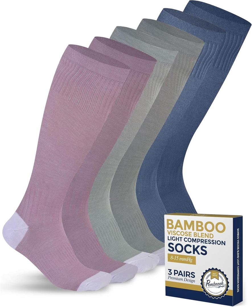 Pembrook Bamboo Viscose Light Compression Socks - 3 Pairs | 8-15 mmhg Compression Socks | Knee High Comfort Support Socks (Large, Light Green/Light Blue/Rose)