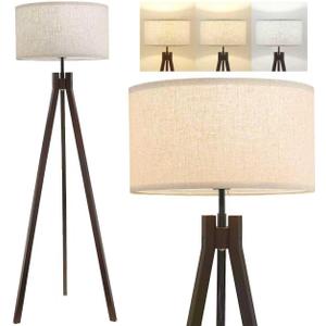 ELYONA Wood Tripod Floor Lamp for Bedroom, 3 Color Temperatures & Linen Shade, Modern Reading Standing Lamp with 9W LED Bulb, Mid Century Night Light for Farmhouse, Living Room, Office, Walnut