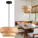 Bamboo Lights Fixtures 14.2in Rattan Pendant Light Kitchen Island 2-Tier Wicker Hanging Lights Boho Dining Room Lighting Woven Chandelier for Bedroom Restaurants Reading Nook Foyer