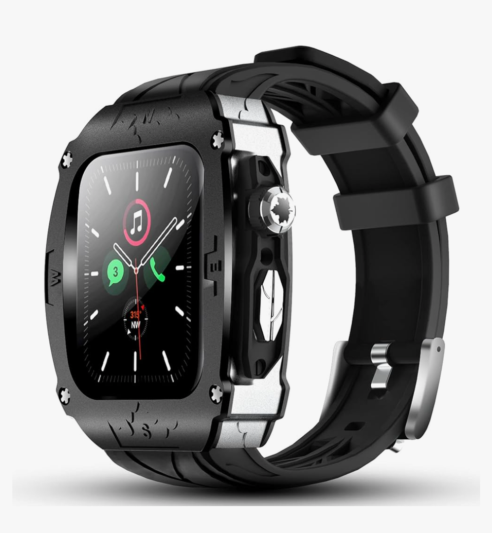Luxury Metal Case for Apple Watch 8 7 45mm 6 44mm Band with Cover Heavy Duty Rugged Case Silicon Strap for men iWatch 6 5 4 SE 44mm Full Protective Cover