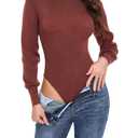 Women's Ribbed Knit Bodysuit Long Sleeve Crew Neck Thong Style Viscose Polyamide Polyester Soft Jersey Stretchy Basic Sexy Top Slim Fit Rayon Ruffle Going Out Tee Shirts Brown 2026 for Juniors (L)