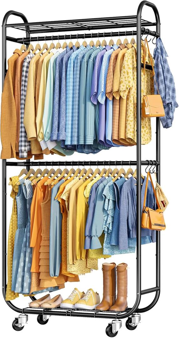 Stylish Clothes Rack - Rust-Proof Clothing Rack with Shelves, Hangers, Removable Hooks, Anti-Tip Wardrobe Closet with Lockable Wheels & Wall Anchor for Bedroom, 33.0" x 12.6" x 78.7", Black