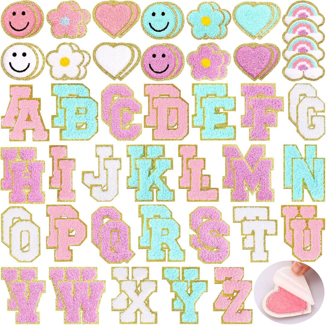 Hanaive 80 Pcs Chenille Letter Patches Self Adhesive Iron on Patch 3D Cute Embroidered Rainbow Smile Face Heart Applique Sewing Badges Patch for Fabric Clothing Jacket DIY(Pastel Rainbow,Letters)