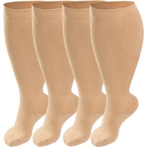 4 Pairs Plus Size Compression Socks for Women & Men, Extra Wide Calf 20-30 mmhg Knee High Compression Stockings for Circulation Swelling Support