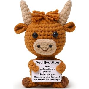 Mini Funny Positive Highland Cow, Knitted Wool Cow Toy with Positive Card - Creative Cute Crochet Doll Emotional Support Cheer Up Keepsake Gift for Friends, Women, Student, Christmas (Cow)