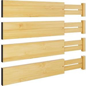 BAMEOS 4 pcs 3" High Bamboo Drawer Dividers Adjustable Drawer Organizer Expandable Drawer Organization Utensil Organizers for Kitchen Dresser Bathroom Bedroom and Office (Natural)