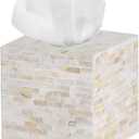 PEMAR 5.9 Cube Mother of Pearl Tissue Box Cover, Decorative Napkin Dispenser Organizer, Rustic Farmhouse Vintage Decor for Table, Kitchen, Bathroom Vanity Countertop, Office (Milano)