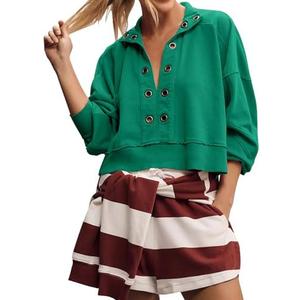 Kissonic Women's Deep V Neck Cropped Sweatshirt Casual Long Sleeve Pullover Oversized Popover Tops 2025 Spring Fashion,S