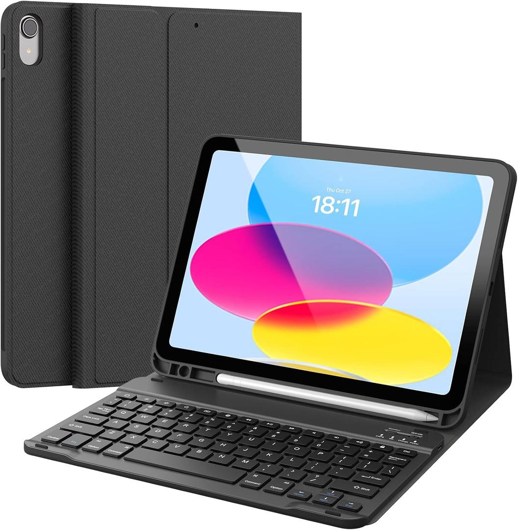 CHESONA Keyboard Case for iPad (A16) 11th/10th Generation (2025/2022), Detachable Wireless Keyboard, Stand Folio Keyboard Cover with Pencil Holder, Thin & Light (Black) (For iPad (A16) 11th & iPad 10th, Black)