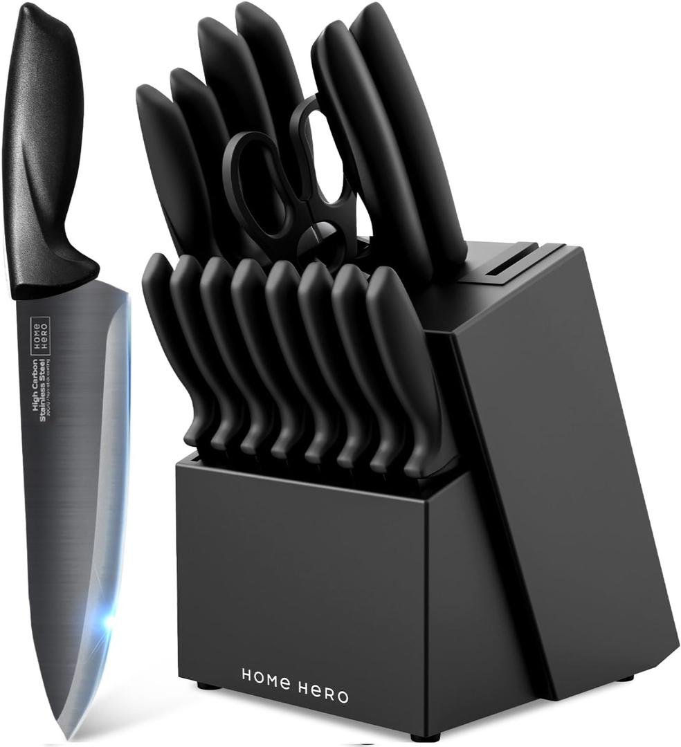 Home Hero Kitchen Knife Set - Wooden Knife Block Organizer - High Carbon Stainless Steel Blades - Ergonomic Handles with Built-In Sharpener & Kitchen Scissors - 16-Pc, Black