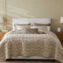 Beige Velvet Quilt Set Queen Size, Lightweight Luxury Crushed Corduroy Comforter, Soft Warm Bedding, Neutral Taupe Vintage Bedspread Coverlet with 2 Pillow Shams for All Season, 3 Pieces, 90x96 inches