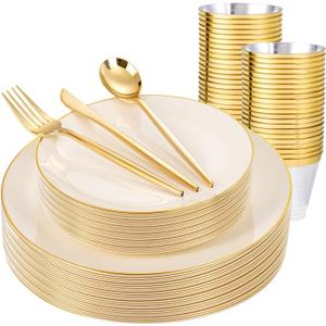 bUCLA 150PCS Ivory Plastic Plates with Gold Trim - Heavy Duty Cream Plastic Disposable for Party & Wedding - Include 25 EachDinner & Dessert Plates, 25 Knives, 25 Forks, 25 Spoons & 25 Cups
