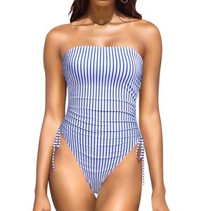 Yonique Women Strapless One Piece Swimsuit Tummy Control Bandeau Bathing Suit Cheeky Swimwear Blue Striped M