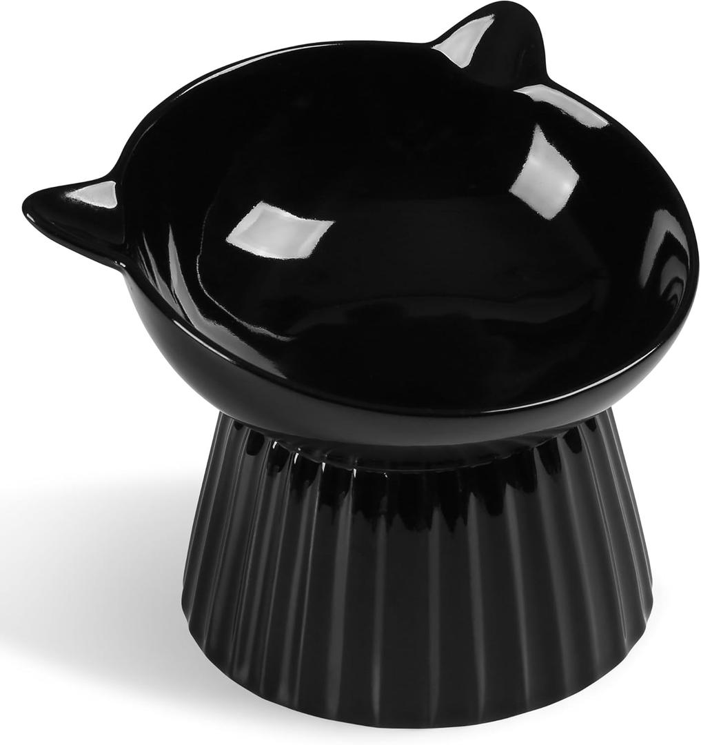 Ceramic Raised Cat BowlTilted Raised Bowl Anti Vomit for Indoor Cats Whisker Friendly Pet Feeder for Cats Puppies, Microwave and Dishwasher Safe (Black)