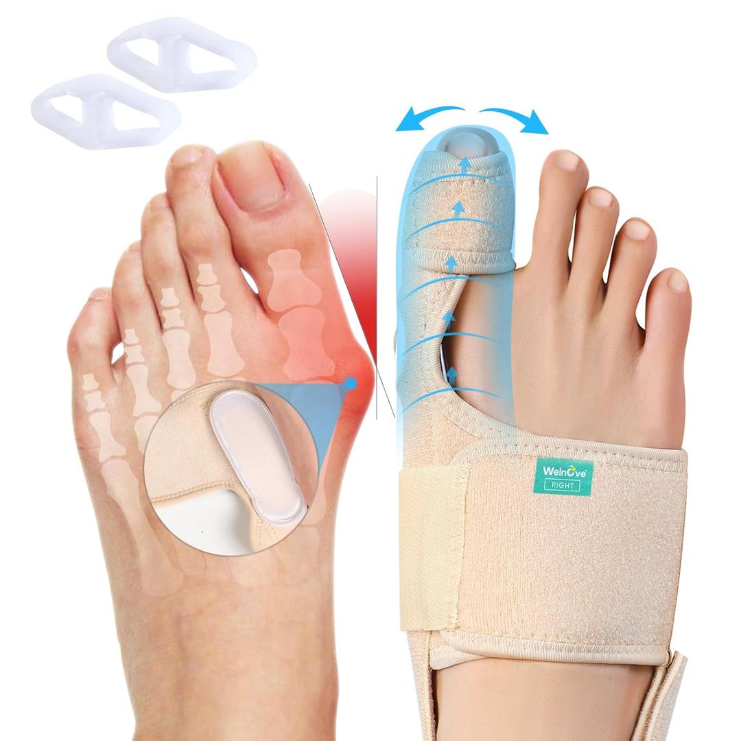 Welnove Bunion Corrector Women & Men Big Toe: 1 Pair Bunion Splint - Adjustable Bunion Correction - Toe Straightener with Non-slip Strap, Day Night Support (Beige) - With 2 Gel Separators