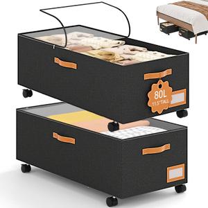 Under Bed Storage with Wheels,12inch Tall Under Bed Storage XXL 80L, Under Bed Storage Containers with Clear Lids,No Assemble Rolling Storage Bins Large Capacity for Closet, Blankets,Shoes,Toys (Extra-Tall Design)