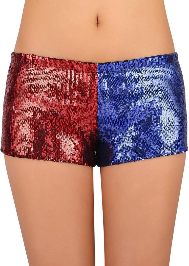 HDE Women's Red and Blue Metallic Sequin Booty Shorts for Harley Misfit Halloween Costume (X-Large)