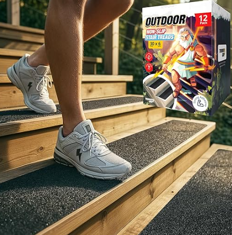 THUNDER GRIP Outdoor Stair Treads  Non Slip 30" x 6"  12Pack Weather Resistant Exterior Grip Tape  Anti Skid Strips  Waterproof 80Grit Adhesive Treads