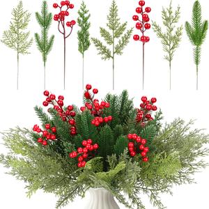 70 PCS Artificial Pine Branches with Berries, Christmas Greenery Fake Pine Needle Faux Red Berry Stems, Christmas Floral Picks for DIY Crafts Wreath Garland Home Dcor