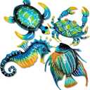 Set of 4 Metal Outdoor Wall Art Decor, Blue Turtle Fish Crab and Seahorse Suitable for Beach Ocean Pool Decor, Metal Yard Fence Garden Children Room Bathroom Livingroom Wall Decoration