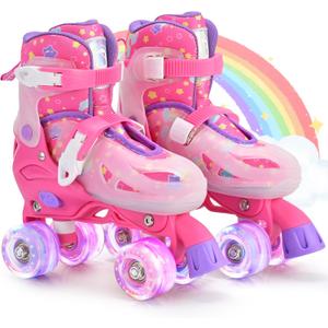 SULIFEEL Roller Skates for Girls Boys Kids Ages 3-10 with Light Up Wheels, Adjustable 4 Sizes for Kids Toddler Beginner Rollerskates (Medium - Big Kid, Unicorn Rose)