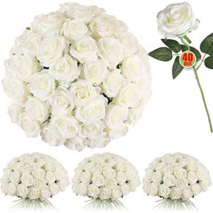 Luyue 40PCS White Roses Artificial Flowers - Long Stem Fake Roses Bouquet Silk White Flowers Artificial Rose for Wedding Centerpiece Home Decor & Valentines Floral Arrangement