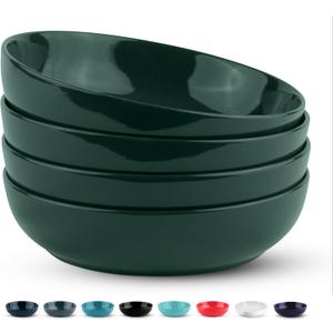 KooK Pasta Bowl, Salad Bowls, Soup, Serving Bowls, Ceramic, Large Capacity, Microwave & Dishwasher Safe, Set of 4, 40 Oz,(Hunter Green)