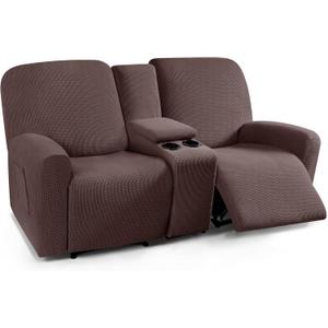 TAOCOCO Recliner Loveseat Cover with Middle Console Sofa slipcover, Stretch Reclining Sofa Covers for 2 Seat Slipcovers, Jacquard Pattern Soft Loveseat Slipcover Furniture Protector, Dark Brown (2 Seat with Console)