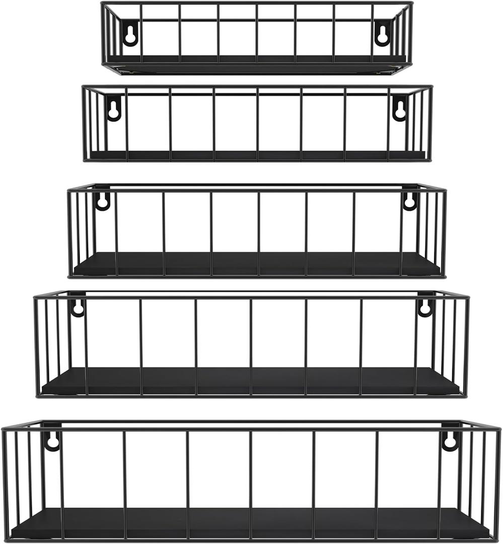 CRUGLA Black Floating Shelves Wall Mounted Set of 5, Hanging Wall Shelf with Rail for Bathroom, Bedroom, Living Room, Kitchen