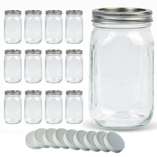 Jumterlee Wide Mouth Mason Jars 32 oz 12Pcs, Canning Jars with Airtight Lids and White Plastic Mason Jar Lids with Silicone Rings for Overnight Oats, Food Storage, Dry Food, Snacks, Candies and More