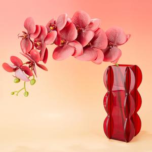 Acrylic Flower Vase for Home Decor, 4x9 Inches Aesthetic Room Decor, Clear Wave Shape Artistic Irregular Transparent Vase, Bedroom or Office Decorations (Red)