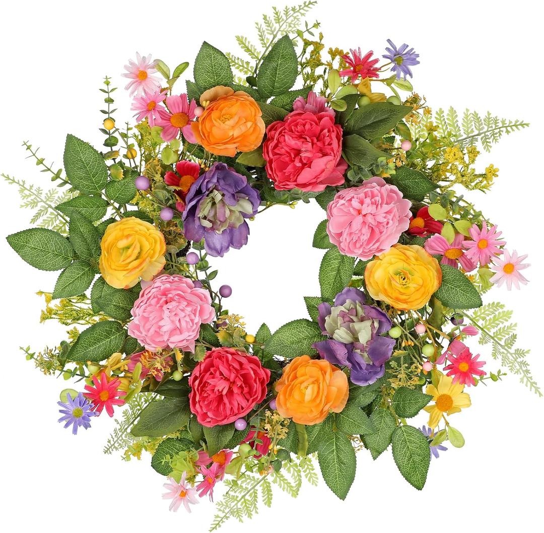 Briful 24 Inch Fall Wreath for Front Door, Autumn Floral Wreath | With Silk Peonies Orange Rose, Berries, for Thanksgiving Harvest Festival, Indoor Outdoor Farmhouse Wall Window Decor