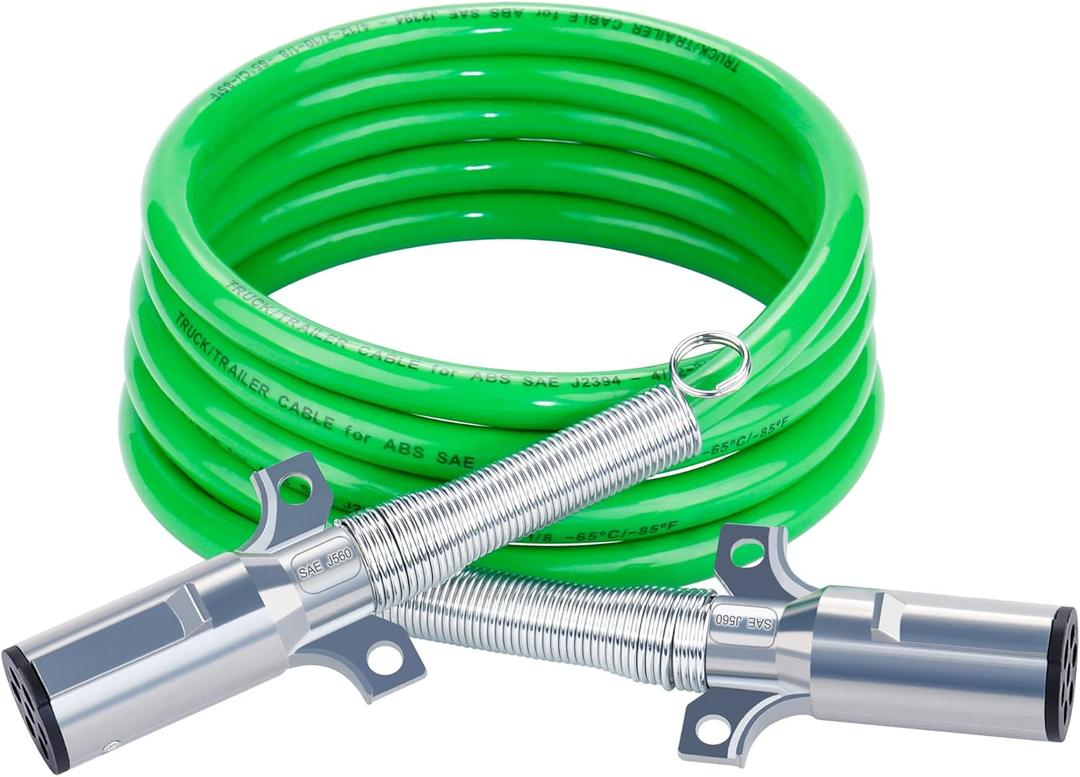 7 Way ABS Trailer Cord, 15FT Straight 7 Way ABS Coiled, Heavy Duty Electric Power Cable, Trailer Cord Power Wire for Semi Trucks Tractors Trailers - Green Line