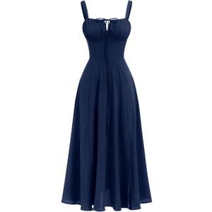Women Floral Corset Dress Sleeveless Square Neck Spaghetti Straps Dress Boho Holiday Flowy Midi Bustier Sundress (X-Large, Navy Blue)