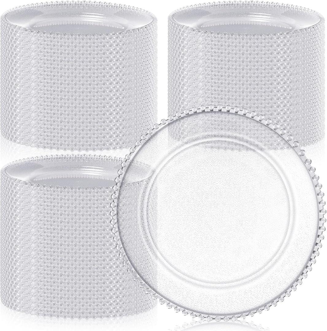 Hoolerry 100 Pack Clear Charger Plates Bulk 13 Inch Acrylic Round Dinner Charger Plates Beaded Frosted Grain Dinner Decorative Dishes for Wedding Party Events Home Kitchen Tabletop(Clear,Beads)