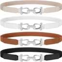WERFORU 4 Pack Women Skinny Elastic Waist Belt Gold Buckle Stretchy Thin Belt for Jeans Dress (M,Belt Length 31in,Stretch up to 35in, Dark Brown+pure White+dark Black+beige)