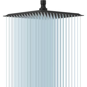 BESy 10 Inch Rain Shower Head, 10" Square Rainfall & High Pressure Stainless Steel Bath Showerhead, 1/16" Ultra Thin, Waterfall Full Body Coverage with Silicone Nozzle, Matte Black Finish