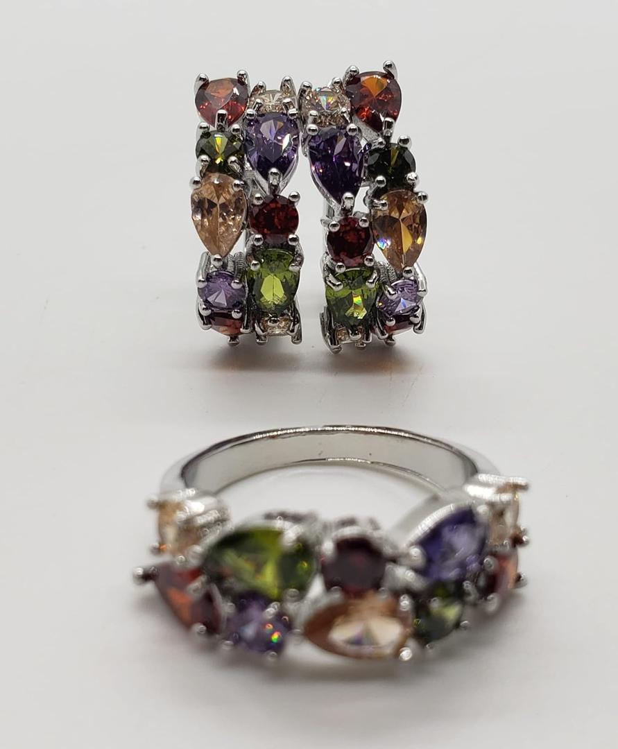 Ruby Amethyst Peridot Topaz Silver Earring/Ring Set