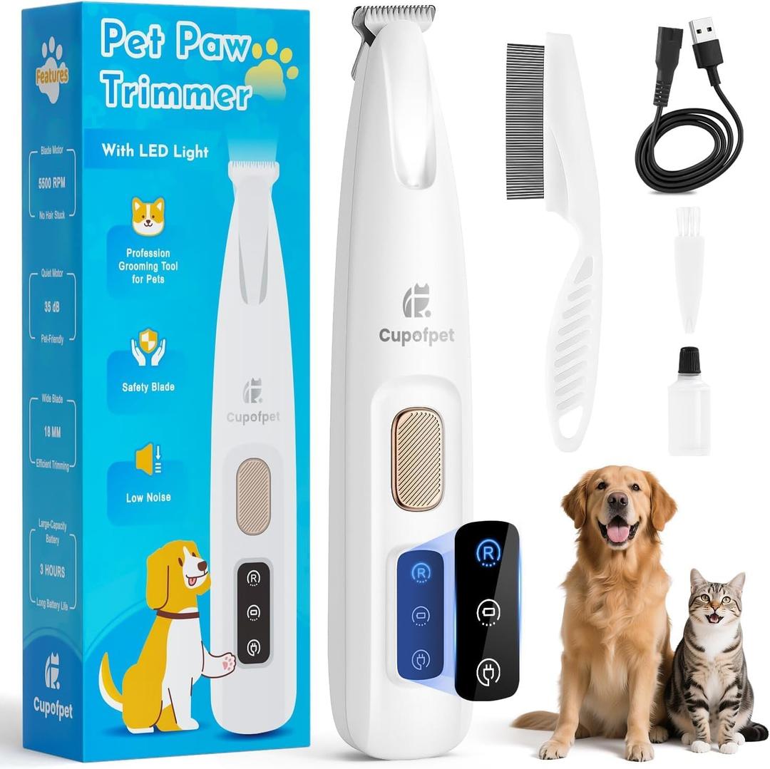 Dog Paw Trimmer with LED Light, 2025 Upgraded Safety Electric Paw Trimmer for Dogs and Cats Paw Cleaner, 35dB Low Noise Multifunctional Dog Clippers for Paws, Eyes, Ears, Face Shavers (White)