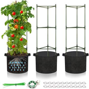 3 Pack Tomato Cage with 10 Gallon Grow Bags, 48" Height Adjustable Tomato Trellis with 65Ft Twist Tie, Heavy Duty Tomato Cages for Garden Flowers Vegetables Climbing Plants