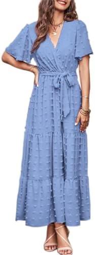 MASCOMODA Womens Summer Swiss Dot Maxi Dressses Wrap V Neck Flutter Short Sleeve Boho Casual Flowy Long Wedding Guest Dress, L