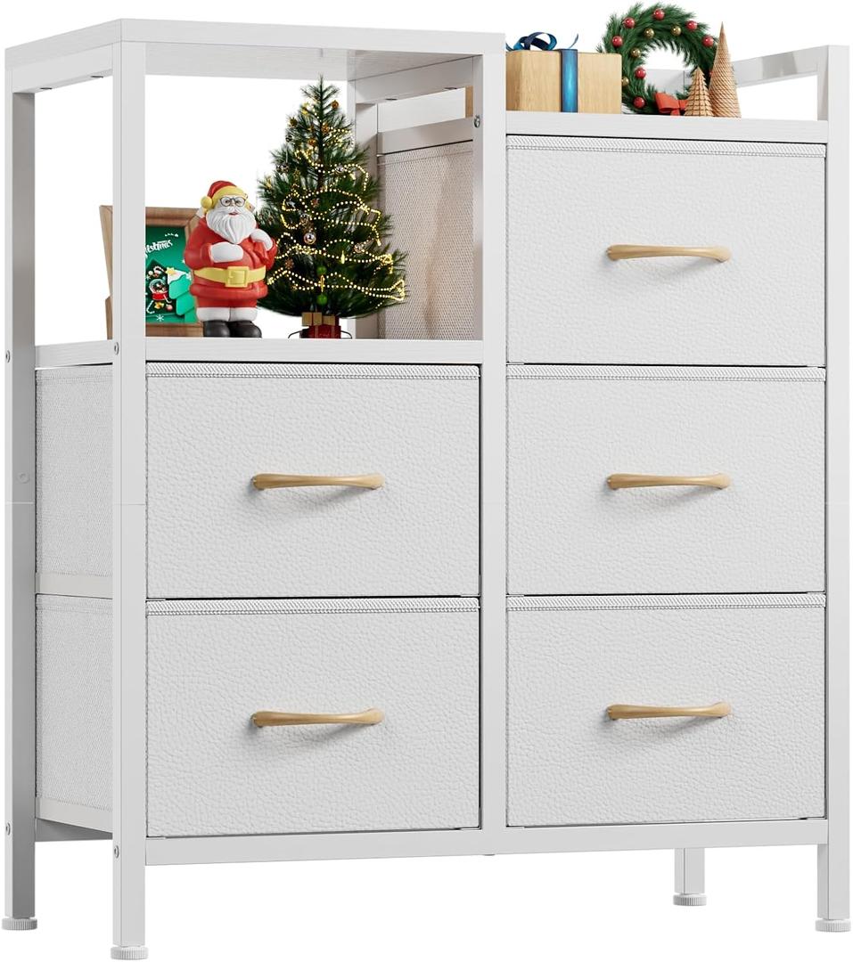 Furnulem 5 Drawer White Dressers for Bedroom 2 Tier Shelf Storage Small Fabric Dresser for Closet Sturdy Metal Frame Modern Style Storage Cabinets Organization Units for Hallway Rooms