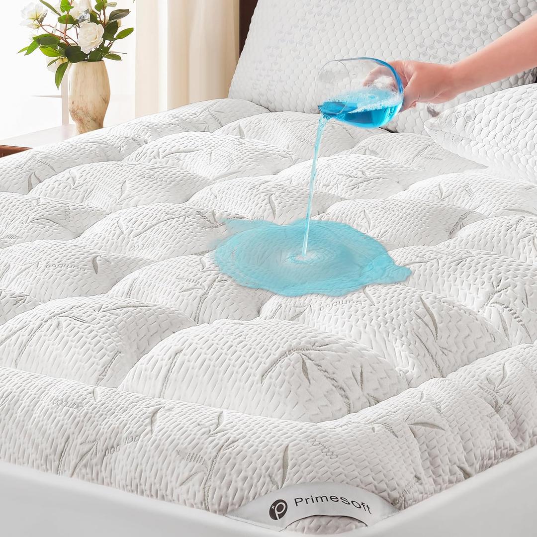 PRIMESOFT 100% Waterproof King Size Mattress Topper, Thick Pillow Top Mattress PadUp to 21 Inch Deep Pocket,Soft Breathable Mattress Pad for Back Pain, Protector Cover(White)