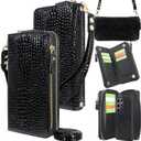 Harryshell Compatible with Samsung Galaxy S25 Ultra Case Wallet Detachable Phone Cover Dual Zipper [11 Card Slots] with [ RFID Blocking ] Crossbody Wrist Strap (Crocodile Black)