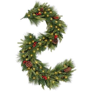 WBHome Real Touch Mixed Evergreen with Pinecones Foliage Prelit Garland, Winter Greenery Garland for Christmas Holiday Seasonal Outdoor/Indoor Home Decor Mantle, 6FT Long