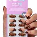 BTArtbox Press On Nails Almond - Amber Hoops, Tortoise Shell Short French Tip Press On Nails with Glue and Adhesive Tabs for Women, Soft Gel Glue On Nails in 16 Sizes - 32 Stick On Nails Kit